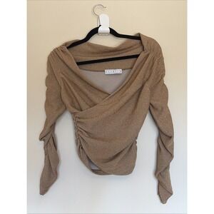 ITMFL Gold Sparkle Metallic Ruched Vneck Cropped‎ Blouse Top Shirt Womens Small